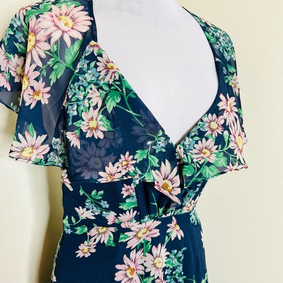 Betsey Johnson Maxi Dress 4 Blue Chiffon Flutter Sleeve Floral Open Back V-Neck - Picture 8 of 12